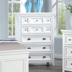 Transitional Style 1pc Chest White Finish 5-Drawers Cup Handle And Round Knobs Felt Line Drawers Ball Bearing Glides