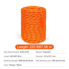 Double Braided Polyester Rope, 1/2 in x 220 ft, 48 Strands, 8000 LBS Breaking Strength Outdoor Climbing Rope, Arborist Rigging Rope for Rock Hiking Camping Swing Rappelling Rescue, Orange/Black