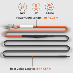 Self-Regulating Pipe Heating Cable 15FT 5W/FT Heat Tape with Thermostat