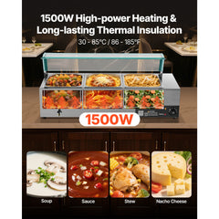 Commercial Food Warmer 3-Pan 1500W Buffet Bain Marie with Glass Cover