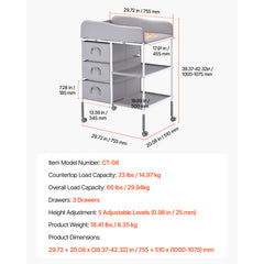 Baby Changing Table Portable Diaper Change Station with 3 Drawers & Wheels