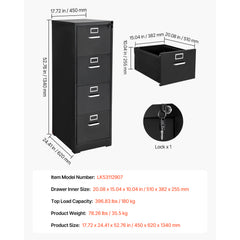 4 Drawer File Cabinet with Lock, Metal Vertical Filing Storage Cabinets for Home Office, Heavy-Duty Cabinet with Detachable Hanging Rod, for A4/Letter/Legal Size File, Easy Assembly (Black)