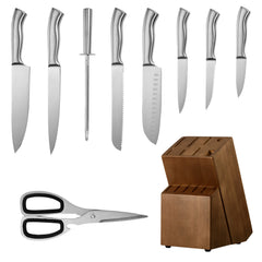 Kitchen Knife Set with Block and Sharpener, 15 Piece German High Carbon Stainless Steel Sharp Knife Set, Kitchen Cutlery with Ergonomic Handle, Sharpening Rod and Wooden Block, for Home Cooks