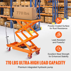 Hydraulic Lift Table Cart, 770lbs Capacity 59" Lifting Height, Manual Double Scissor Lift Table with 4 Wheels and Non-slip Pad, Hydraulic Scissor Cart for Material Handling and Transportation