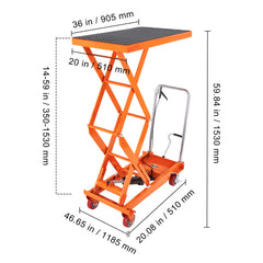 Hydraulic Lift Table Cart, 770lbs Capacity 59" Lifting Height, Manual Double Scissor Lift Table with 4 Wheels and Non-slip Pad, Hydraulic Scissor Cart for Material Handling and Transportation
