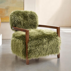 1pc Accent Chair Raked Wooden Arms Tight Back And Seat Soft Faux Fur Contemporary Green Finish Primary Room Furniture