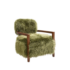 1pc Accent Chair Raked Wooden Arms Tight Back And Seat Soft Faux Fur Contemporary Green Finish Primary Room Furniture