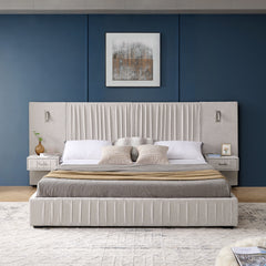 King Size Upholstered Bed Frame with Chenille fabric with pleated design,Grounded King Size Platform Bed with Headboard and Solid Frame and the bedside table.No Box Spring Needed-Beige