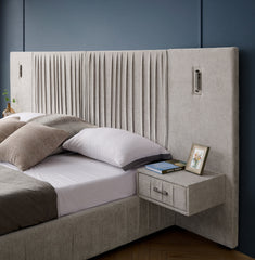 King Size Upholstered Bed Frame with Chenille fabric with pleated design,Grounded King Size Platform Bed with Headboard and Solid Frame and the bedside table.No Box Spring Needed-Beige