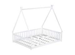 Full Size Rubber Wood Tent-shaped Floor Bed,with Guardrails,Slats and Door,White