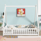 Full Size Rubber Wood Tent-shaped Floor Bed,with Guardrails,Slats and Door,White
