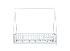 Full Size Rubber Wood Tent-shaped Floor Bed,with Guardrails,Slats and Door,White