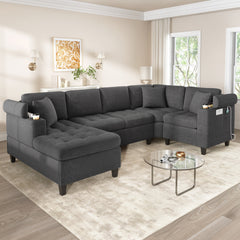 Modern U-shaped Sectional Sofa 115.7" Corner Sectional Living Room Couch Oversized Sectional with with Built-in Cup Holders, Storage Space and USB Ports for Living Room, Grey