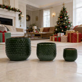 Handmade Glazed Ceramic Planter Set of 3, 9/7/5 Inch Diameter, Dark Green Solid Glossy Finish, for Succulents & Herbs Outdoor Patio & Indoor Staircase Use, Breathable Clay with Drainage Holes