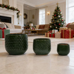 Handmade Glazed Ceramic Planter Set of 3, 9/7/5 Inch Diameter, Dark Green Solid Glossy Finish, for Succulents & Herbs Outdoor Patio & Indoor Staircase Use, Breathable Clay with Drainage Holes