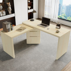 90" Modern L Shaped Desk in Natural Wood with 3 Drawers,360° Wood Rotating Desk,Executive Office Desk,Corner Desk,Office Study Workstation,for Home Office or Living Room