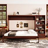 Queen Size Murphy Bed with Height Adjustable Storage Compartments and Shelf, Wall Bed Frame With 1 Drawer, Multifunctional Foldable Platform Bed for Bedroom,Guest Room, Walnut(OLD SKU:N733S309223D)