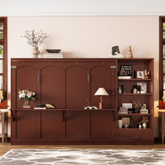 Queen Size Murphy Bed with Height Adjustable Storage Compartments and Shelf, Wall Bed Frame With 1 Drawer, Multifunctional Foldable Platform Bed for Bedroom,Guest Room, Walnut(OLD SKU:N733S309223D)