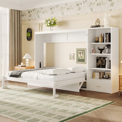 Queen Size Murphy Bed with Height Adjustable Storage Compartments and Shelf, Wall Bed Frame With 1 Drawer, Multifunctional Foldable Platform Bed for Bedroom,Guest Room, White(OLD SKU:N733S309223K)