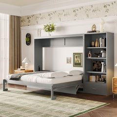 Queen Size Murphy Bed with Height Adjustable Storage Compartments and Shelf, Wall Bed Frame With 1 Drawer, Multifunctional Foldable Platform Bed for Bedroom,Guest Room, Gray(OLD SKU:N733S309223E)