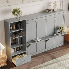 Queen Size Murphy Bed with Height Adjustable Storage Compartments and Shelf, Wall Bed Frame With 1 Drawer, Multifunctional Foldable Platform Bed for Bedroom,Guest Room, Gray(OLD SKU:N733S309223E)