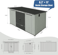 6x11FT Outdoor Resin Storage Shed with Transparent Windows & Louvered Vents, Plastic Tool Shed with Double Lockable Doors & Sloping Roof, Outside Garden Shed for Backyard, Patio, Lawn, Gray