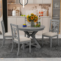 TREXM 5-Piece Retro Functional Dining Table Set Extendable Round Table and 4 Upholstered Chairs for Dining Room and Living Room (Grey)