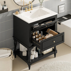 24'' Bathroom Vanity with Ceramic Sink, Bathroom Storage Cabinet with Open Shelf, Retro Design Bathroom Cabinet with 2 Drawers