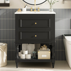 24'' Bathroom Vanity with Ceramic Sink, Bathroom Storage Cabinet with Open Shelf, Retro Design Bathroom Cabinet with 2 Drawers