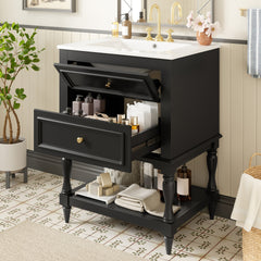 24'' Bathroom Vanity with Ceramic Sink, Bathroom Storage Cabinet with Open Shelf, Retro Design Bathroom Cabinet with 2 Drawers