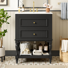 24'' Bathroom Vanity with Ceramic Sink, Bathroom Storage Cabinet with Open Shelf, Retro Design Bathroom Cabinet with 2 Drawers