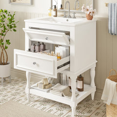 24'' Bathroom Vanity with Ceramic Sink, Bathroom Storage Cabinet with Open Shelf , Retro Design Bathroom Cabinet with 2 Drawers