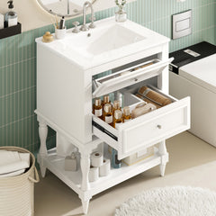 24'' Bathroom Vanity with Ceramic Sink, Bathroom Storage Cabinet with Open Shelf , Retro Design Bathroom Cabinet with 2 Drawers