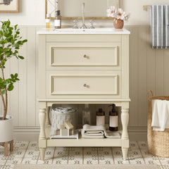 24'' Bathroom Vanity with Ceramic Sink, Bathroom Storage Cabinet with Open Shelf , Retro Design Bathroom Cabinet with 2 Drawers