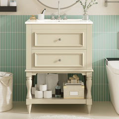 24'' Bathroom Vanity with Ceramic Sink, Bathroom Storage Cabinet with Open Shelf , Retro Design Bathroom Cabinet with 2 Drawers