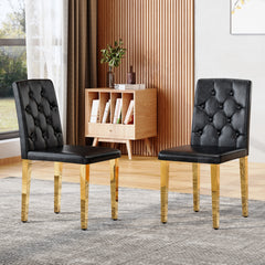 2-pack black PU dining chairs: ergonomic buckle backrest, 35 inches high, golden metal legs,Combines Comfort and Texture.Perfectly suitable for family dining rooms, hotel banquet halls,etc.