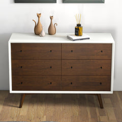 Mid Century Modern White Dresser 6 Drawer Storage Solution in Solid Wood, Dark Brown and White 33.1"H x 47.2"W x 15.7"D for Bedroom, Hallway, Entryway, Closet