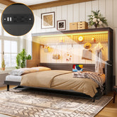 Queen Size Murphy Bed with a desk, USB Charging Station,LED Lights,Dark Gray