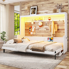 Queen Size Murphy Bed with a desk, USB Charging Station,LED Lights,White