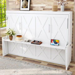 Queen Size Murphy Bed with a desk, USB Charging Station,LED Lights,White