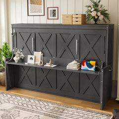 Full Size Murphy Bed with a desk, USB Charging Station,LED Lights,Dark Gray