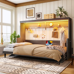 Full Size Murphy Bed with a desk, USB Charging Station,LED Lights,Dark Gray