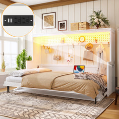 Full Size Murphy Bed with a desk, USB Charging Station,LED Lights ,White