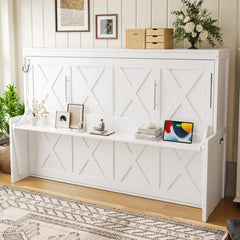 Full Size Murphy Bed with a desk, USB Charging Station,LED Lights ,White