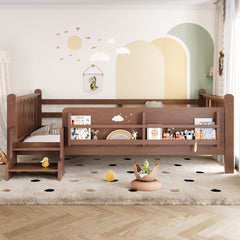 Full Size Floor Bed with Storage Bookcases, Solid Wood Kids Floor Bed with Cute Stairs and Guardrails, No Box Spring Needed, Natural