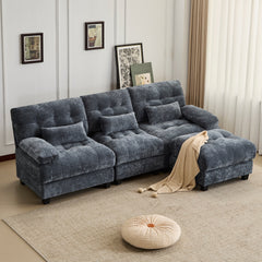 93" 3+1 Seater Sofa with Ottoman - 4-Position Adjustable Backrest, 350lb/Seat, Soft Chenille Fabric, 3 Throw Pillows, Easy Assembly