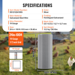 Hardware Cloth, 1/2 inch 24in x 100 ft 19 Gauge, Hot Dipped Galvanized Wire Mesh Roll, Chicken Wire Fencing, Wire Mesh for Rabbit Cages, Garden, Small Rodents