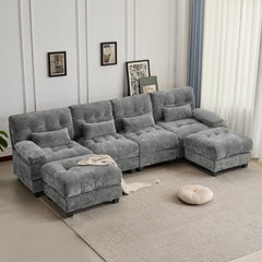 119" 4-Seater Sofa with 2 Ottomans - 4-Position Adjustable Backrest, 350lb/Seat, Soft Chenille Fabric, 4 Throw Pillows, Easy Assembly