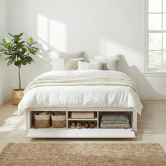 Queen Size Platform Bed Frame with 4 Storage Drawers and Hydraulic Lift Footboard Storage, No Headboard, Modern Space-Saving Design-Antique White
