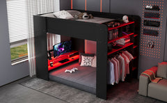 Full Size Wood Bunk Bed with height-adjustable Desk,Wardrobe,Ample Storage Space,and RGB Light, Red